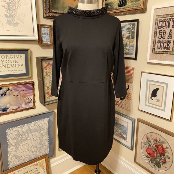 NWT Talbots Knee-Length Black Dress With Sequin Collar 3/4 Sleeve Size 16P - Picture 2 of 7